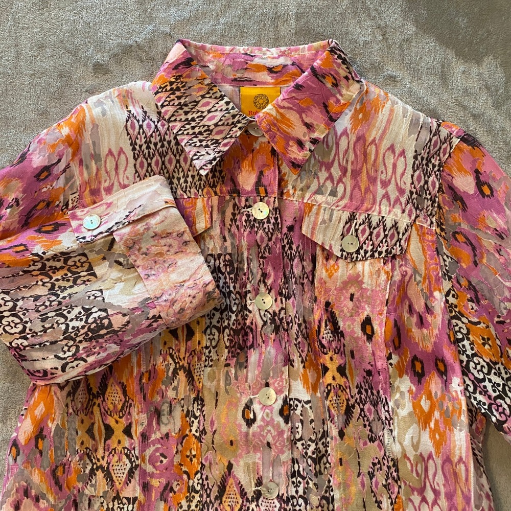 Ruby Rd Jacket Top 14P Pink Orange Ikat Print‎ Linen Blend Button Up Eclectic